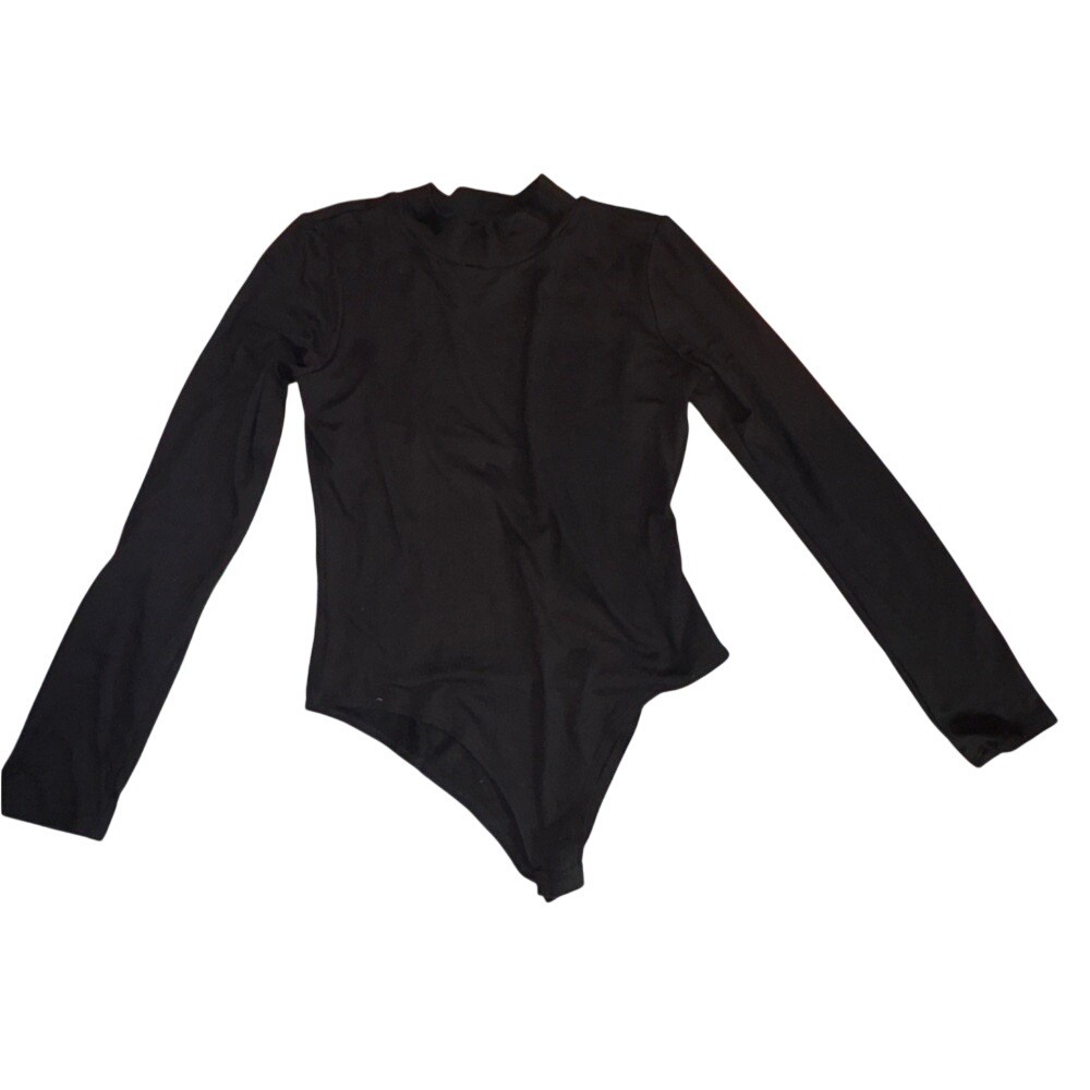 Gaze Black Long Sleeve Bodysuit Women Size Small Mock‎ Neck Snap Closure Stretch